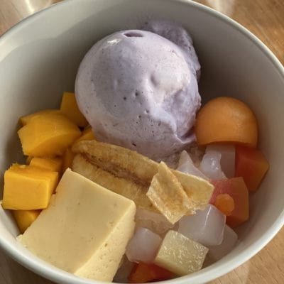 Homemade purple sweet potato ice cream, crushed ice, fresh fruit, banana chips and unsweetened shredded coconut-Amanda Li